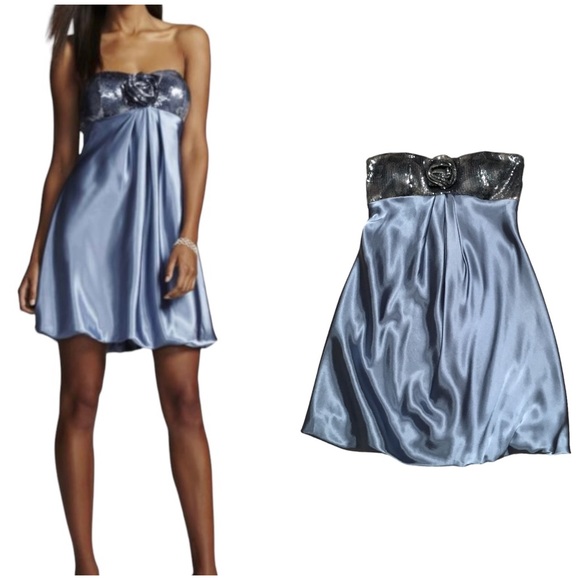 David's Bridal Dresses & Skirts - David’s Bridal Strapless Bubble Dress With Sequin Top and Rosette Blue Babydoll